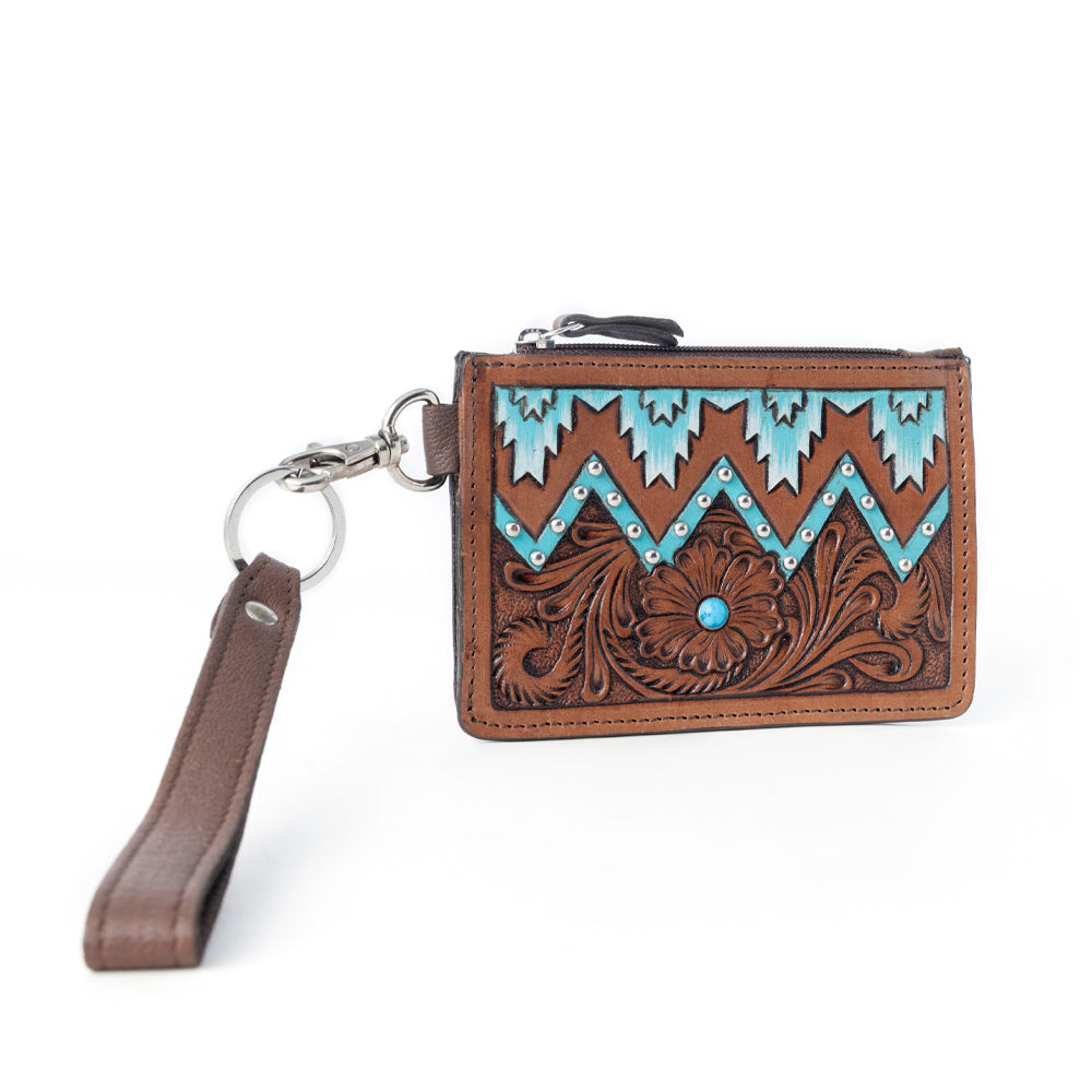 MYRA HAND SEWN WESTERN CARD HOLDER IN BROWN AND TURQUOISE