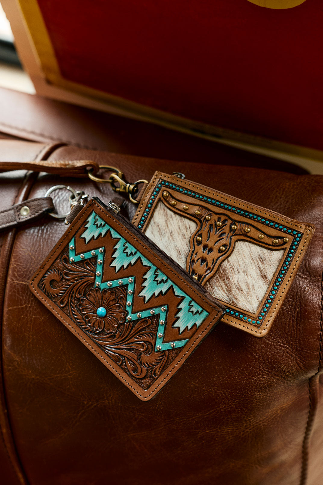MYRA HAND SEWN WESTERN CARD HOLDER IN BROWN AND TURQUOISE