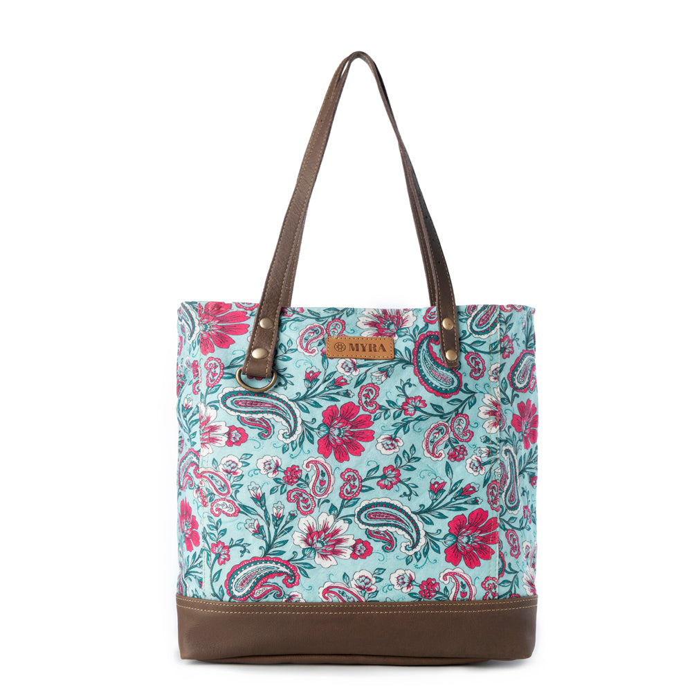 Myra Pinkpaisley upcycled canvas Tote Bag for Women in pink with leather detail Up-Cycled Canvas Bag