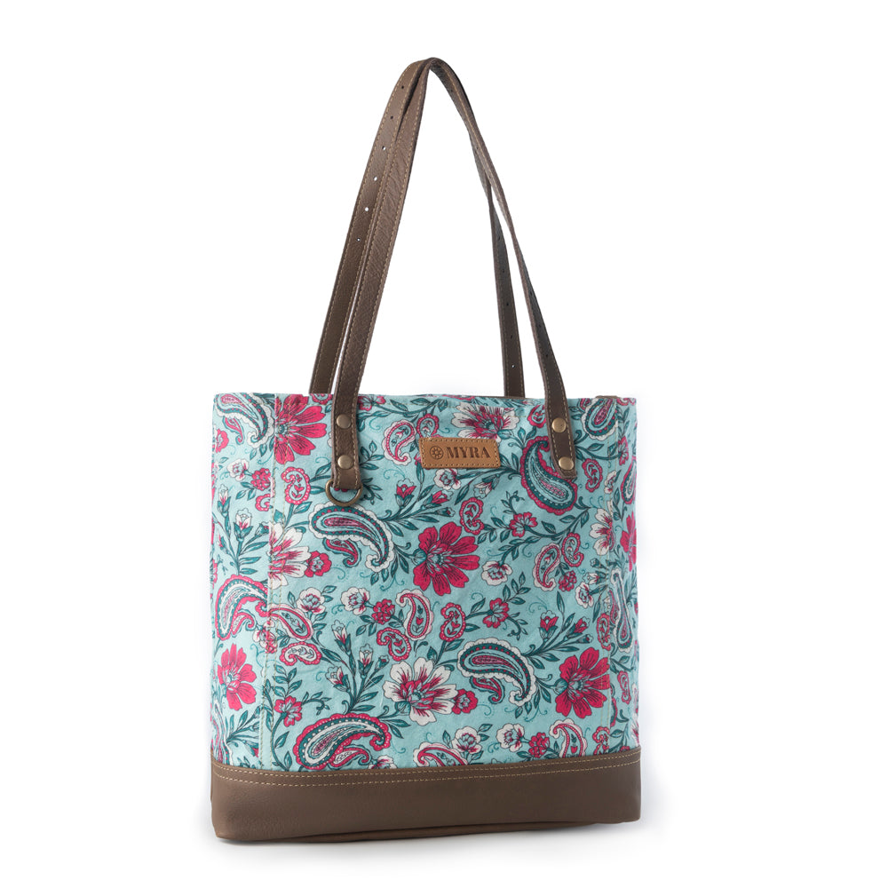 Myra Pinkpaisley upcycled canvas Tote Bag for Women in pink with leather detail Up-Cycled Canvas Bag