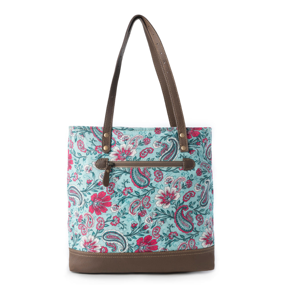 Myra Pinkpaisley upcycled canvas Tote Bag for Women in pink with leather detail Up-Cycled Canvas Bag