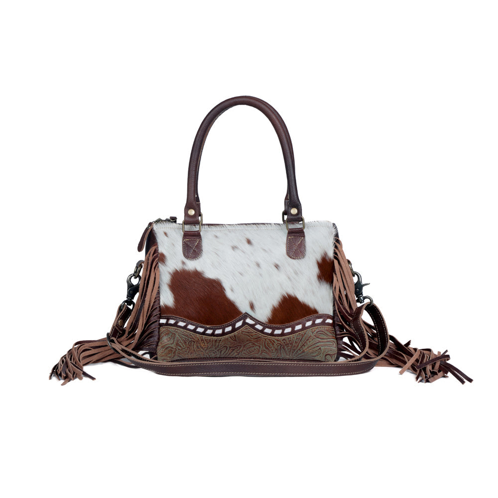 Myra Brown Freckles Concealed Carry Bag Hairon Leather with Fringe Detail and Tooled Trim, Dual Carry Western Tote Bags