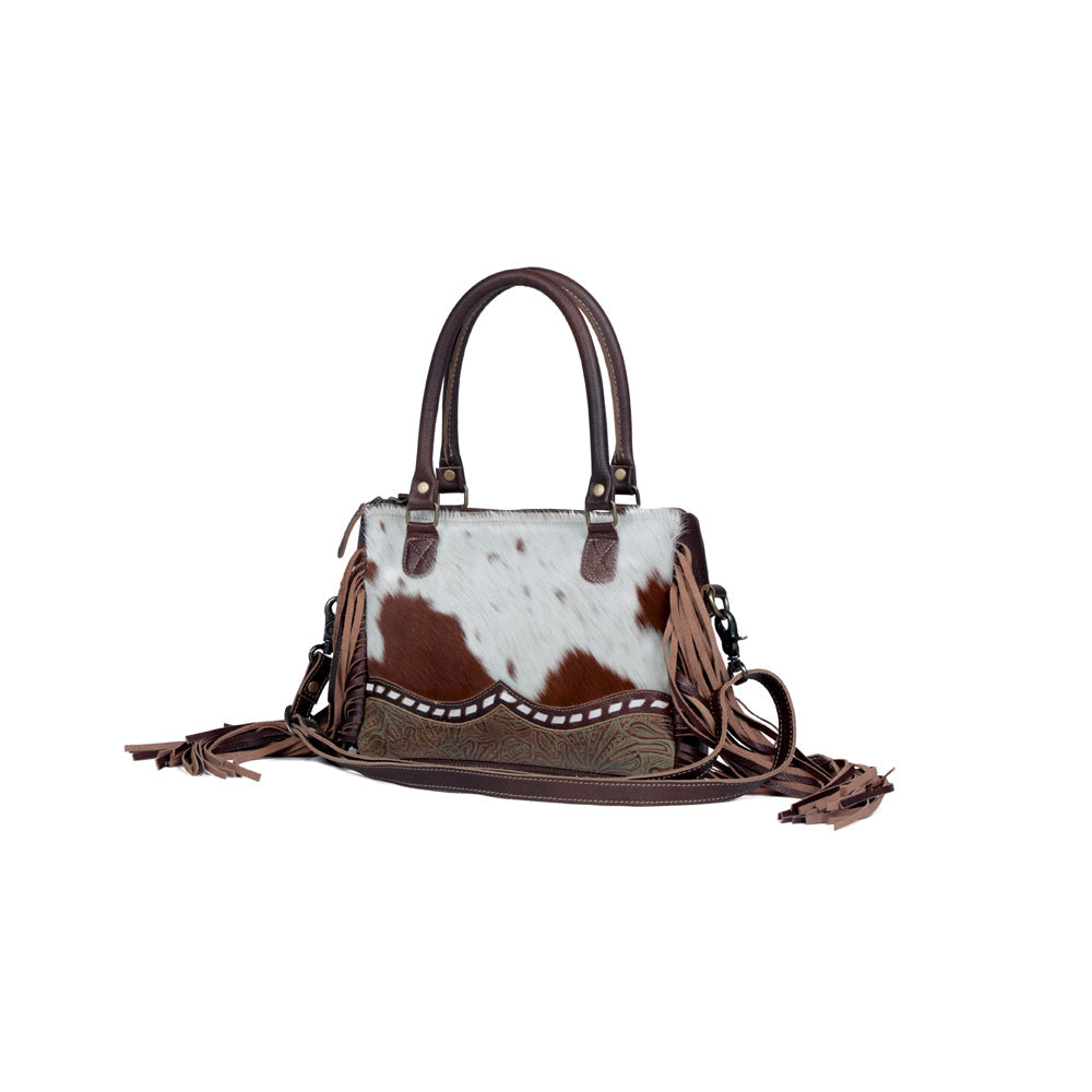 Myra Brown Freckles Concealed Carry Bag Hairon Leather with Fringe Detail and Tooled Trim, Dual Carry Western Tote Bags