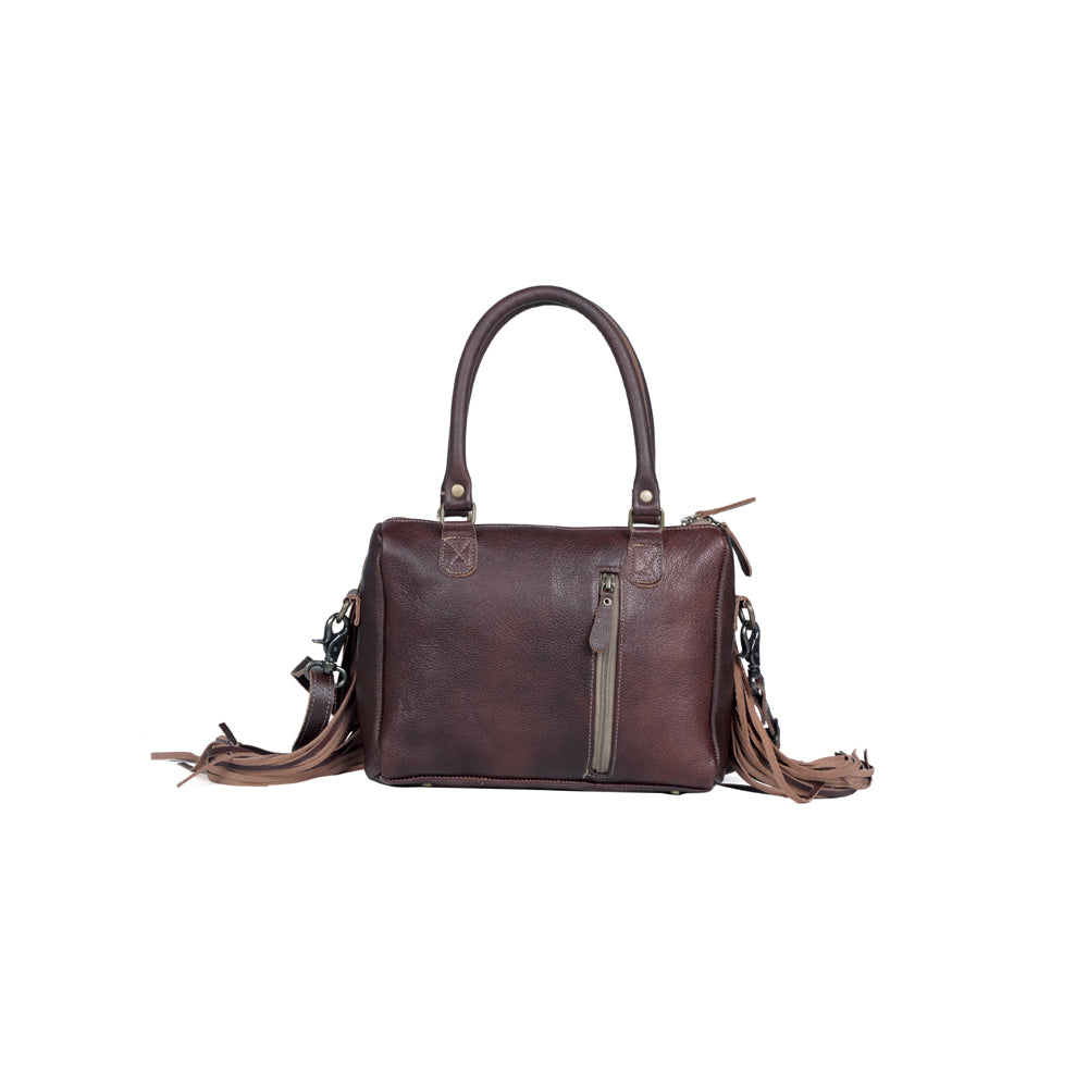 Myra Brown Freckles Concealed Carry Bag Hairon Leather with Fringe Detail and Tooled Trim, Dual Carry Western Tote Bags