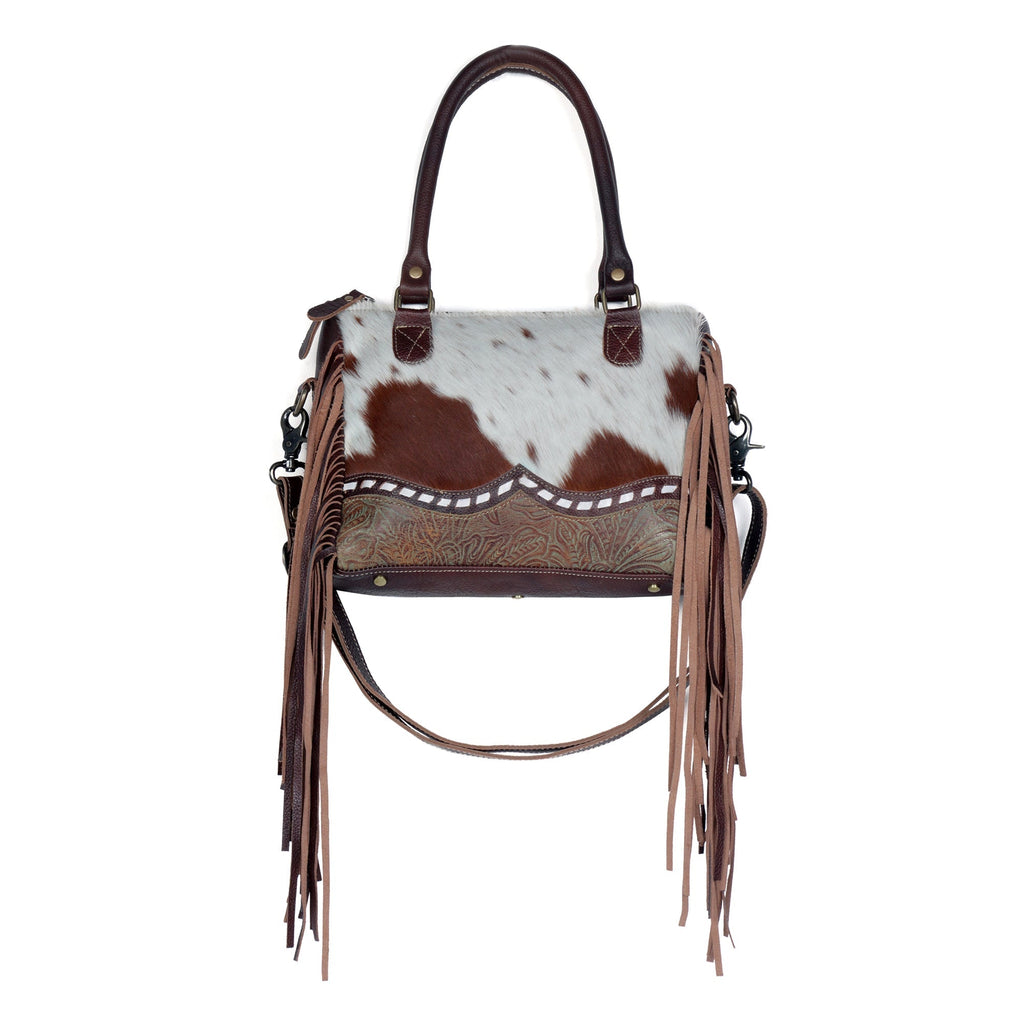 Myra Brown Freckles Concealed Carry Bag Hairon Leather with Fringe Detail and Tooled Trim, Dual Carry Western Tote Bags