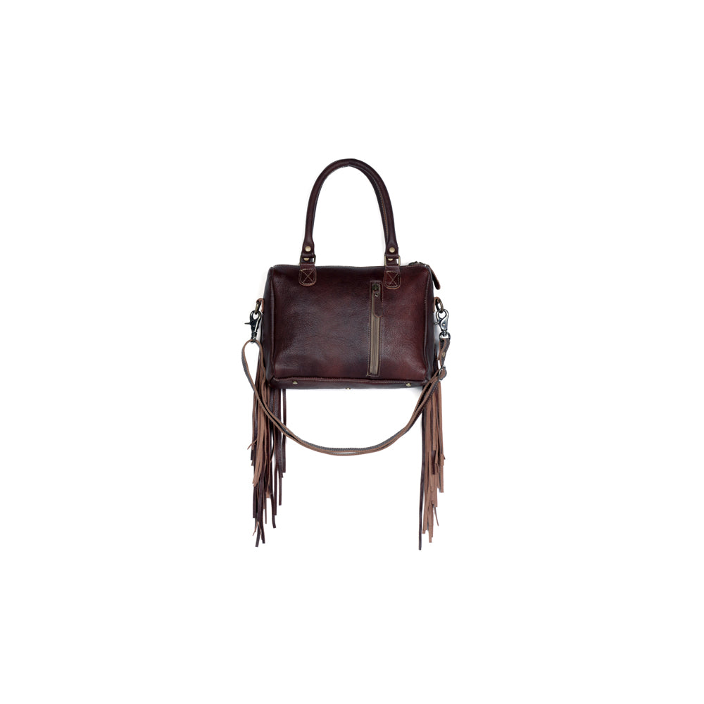 Myra Brown Freckles Concealed Carry Bag Hairon Leather with Fringe Detail and Tooled Trim, Dual Carry Western Tote Bags