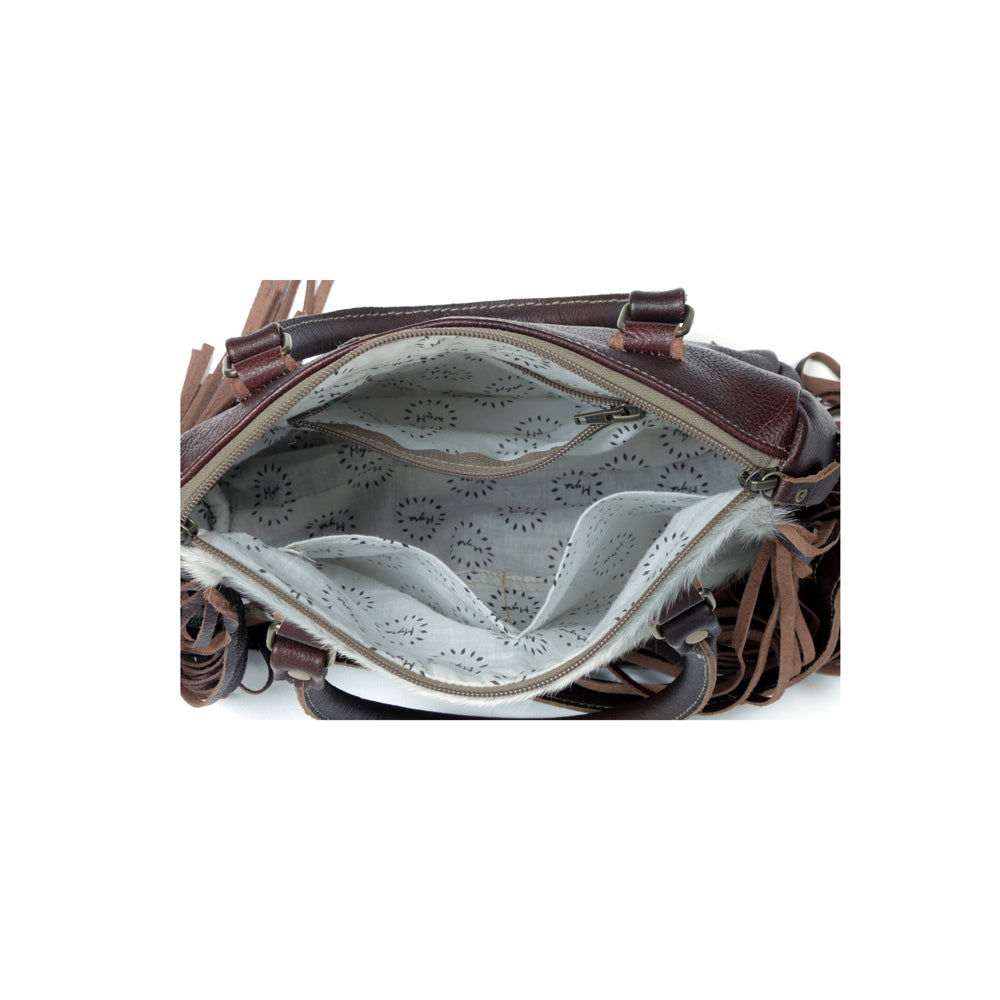Myra Brown Freckles Concealed Carry Bag Hairon Leather with Fringe Detail and Tooled Trim, Dual Carry Western Tote Bags