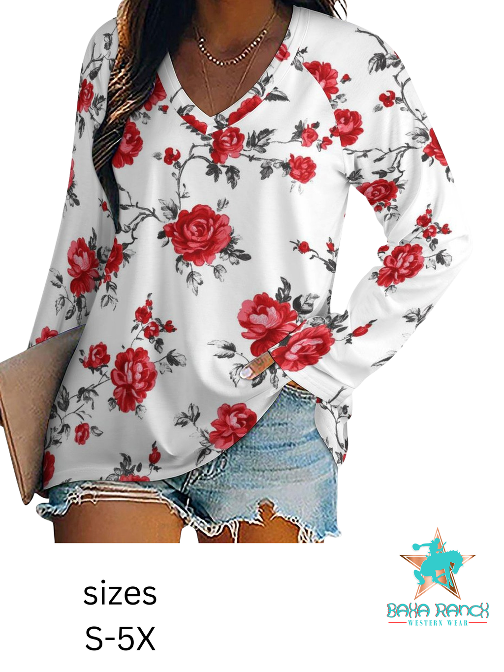 Baha Ranch Colores de Mexico Red Rose Floral Long Sleeve Top All Over Print Shirt
