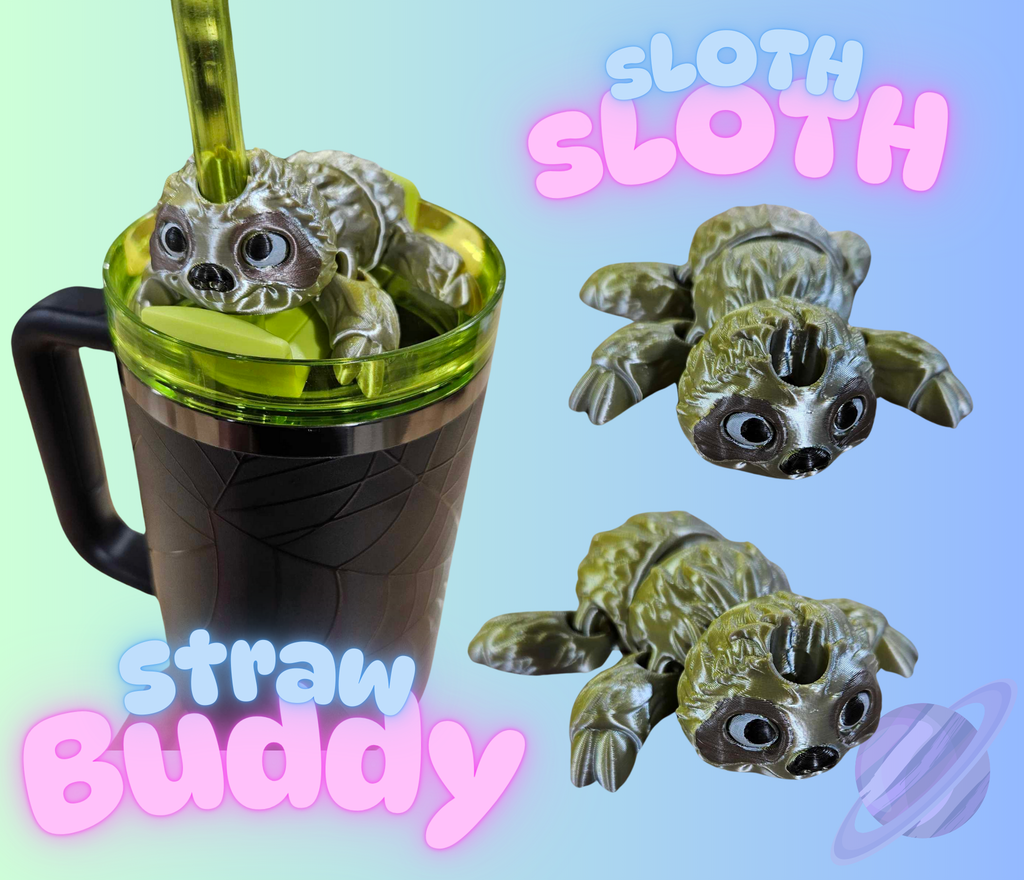 Sloth-shaped straw buddy with a green straw in a cup on a colorful background