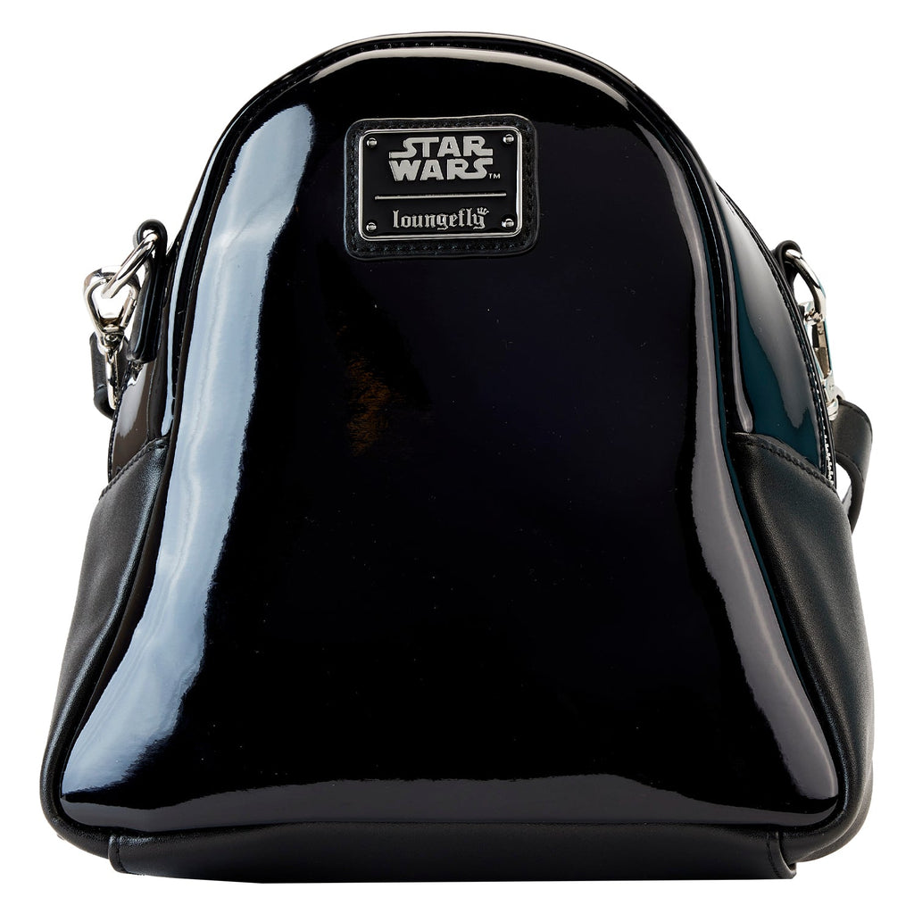 Black glossy backpack with 'Star Wars' and 'Loungefly' logos on a white background