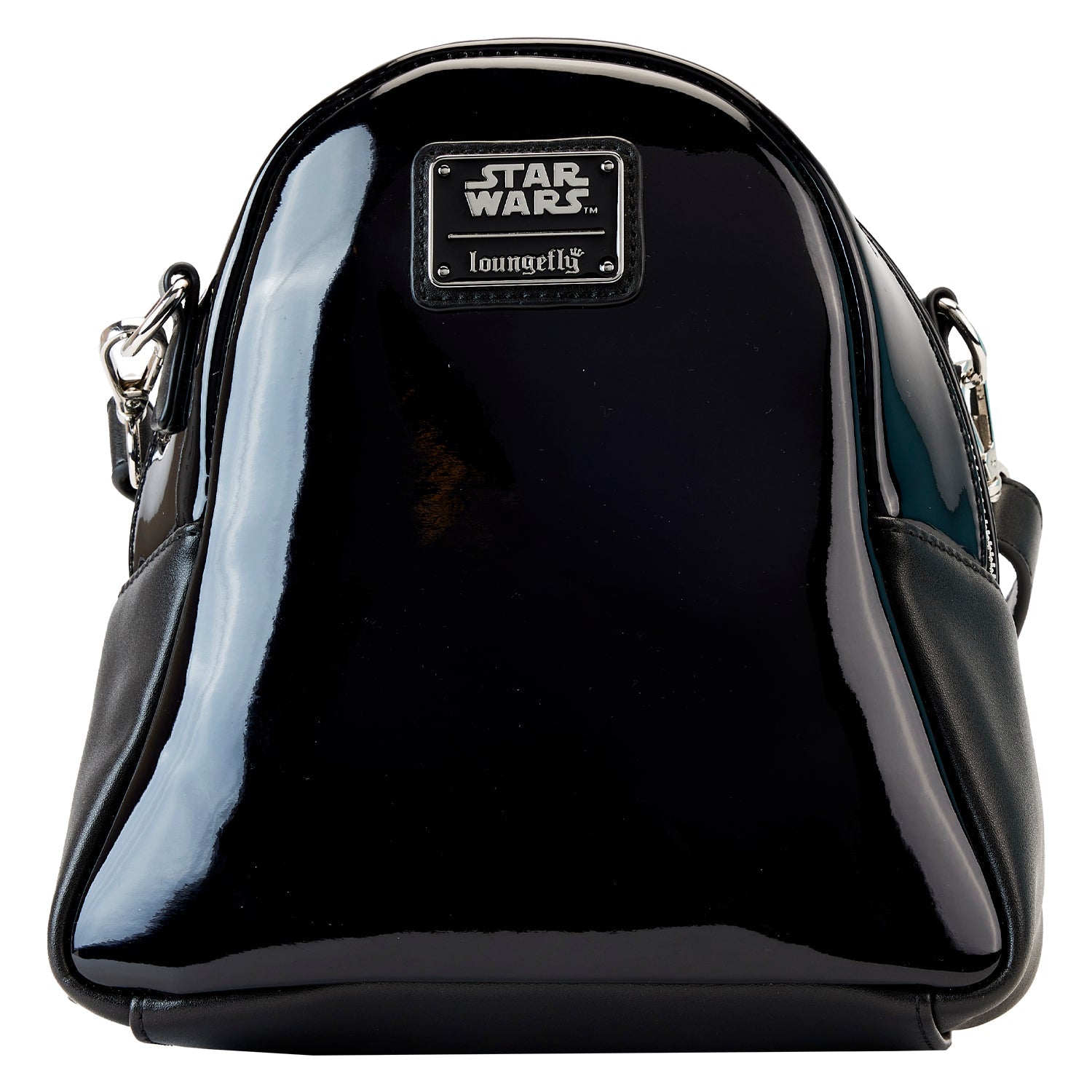 Black glossy backpack with 'Star Wars' and 'Loungefly' logos on a white background