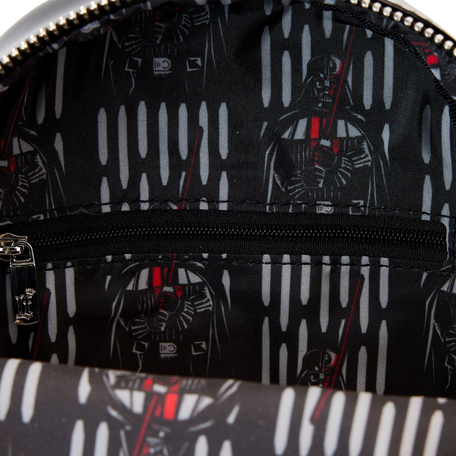 Backpack with Darth Vader pattern on a black and white striped background