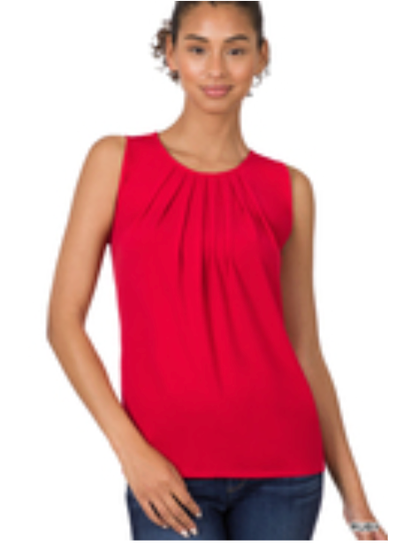 PLEATED NECKLINE SLEEVELESS BLOUSE - FINAL SALE BLOUSE