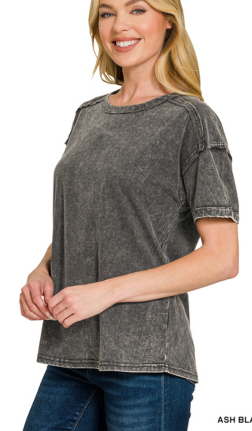ACID WASH ROUND NECK TSHIRT - ZENANA Tops