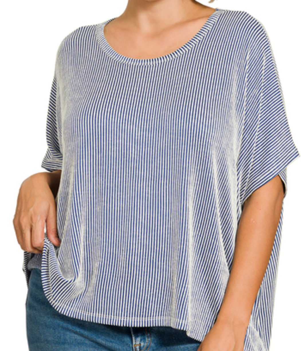 RIBBED STRIPED OVERSIZED SHORT SLEEVE TOP - NAVY - ZENANA TOP