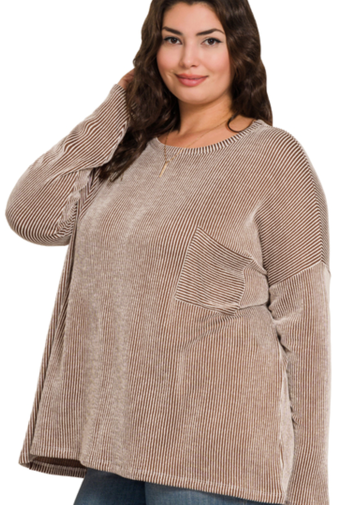 RIBBED STRIPED OVERSIZED LONG SLEEVE TOP - ZENANA TOP