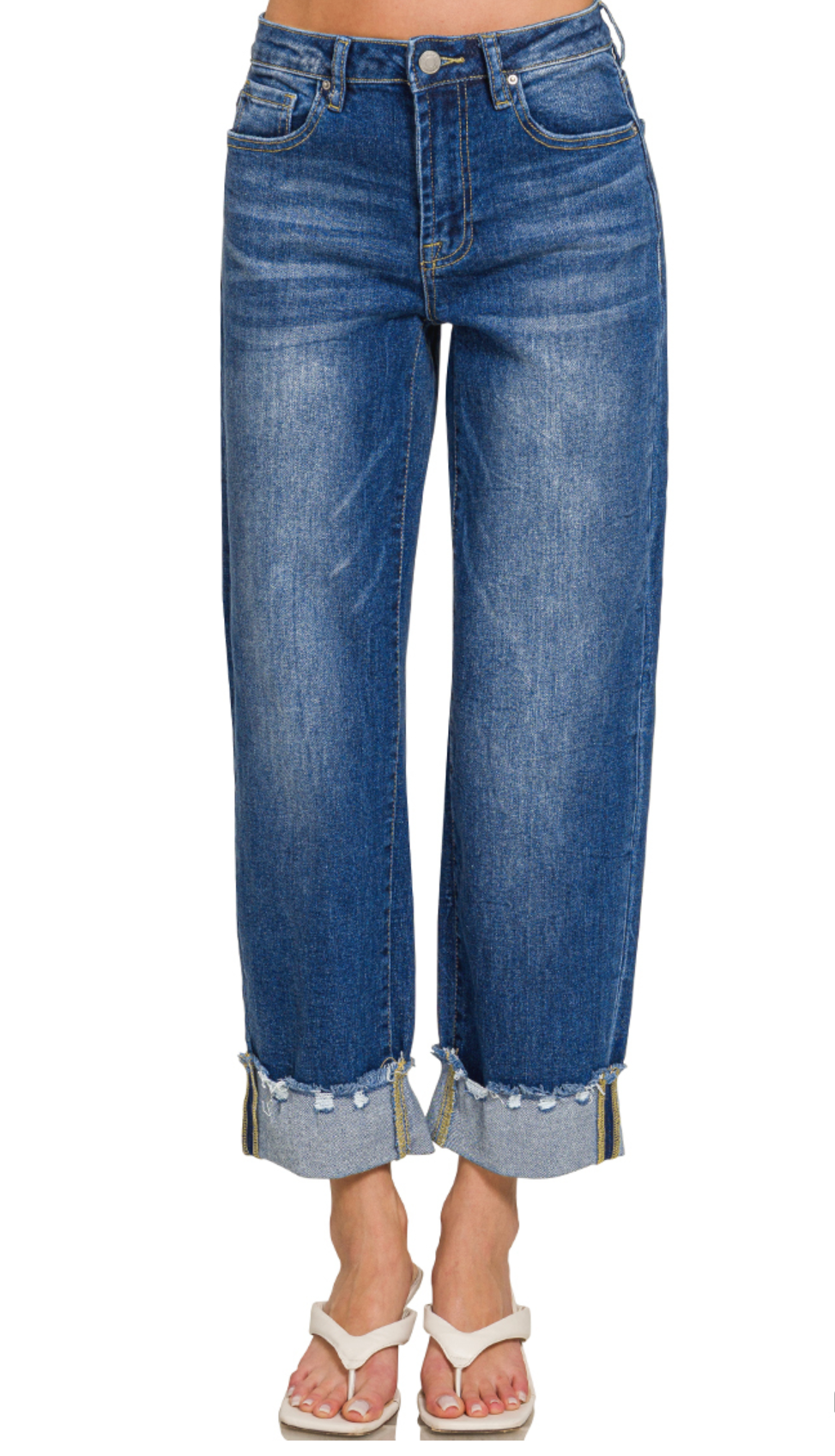 WIDE CUFF RAW HEM DENIM PANTS - ZENANA Denim