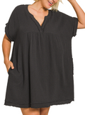 DOUBLE GAUZE RAW EDGE V-NECK DRESS - PLUS SIZE DRESS