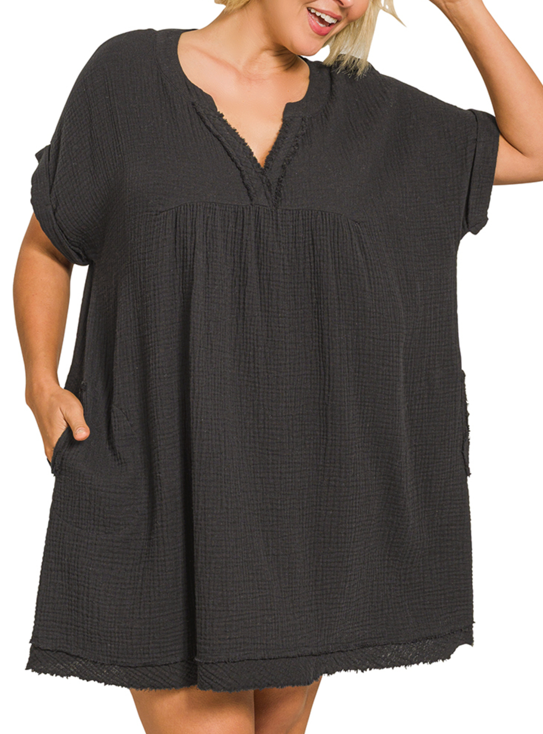 DOUBLE GAUZE RAW EDGE V-NECK DRESS - PLUS SIZE DRESS
