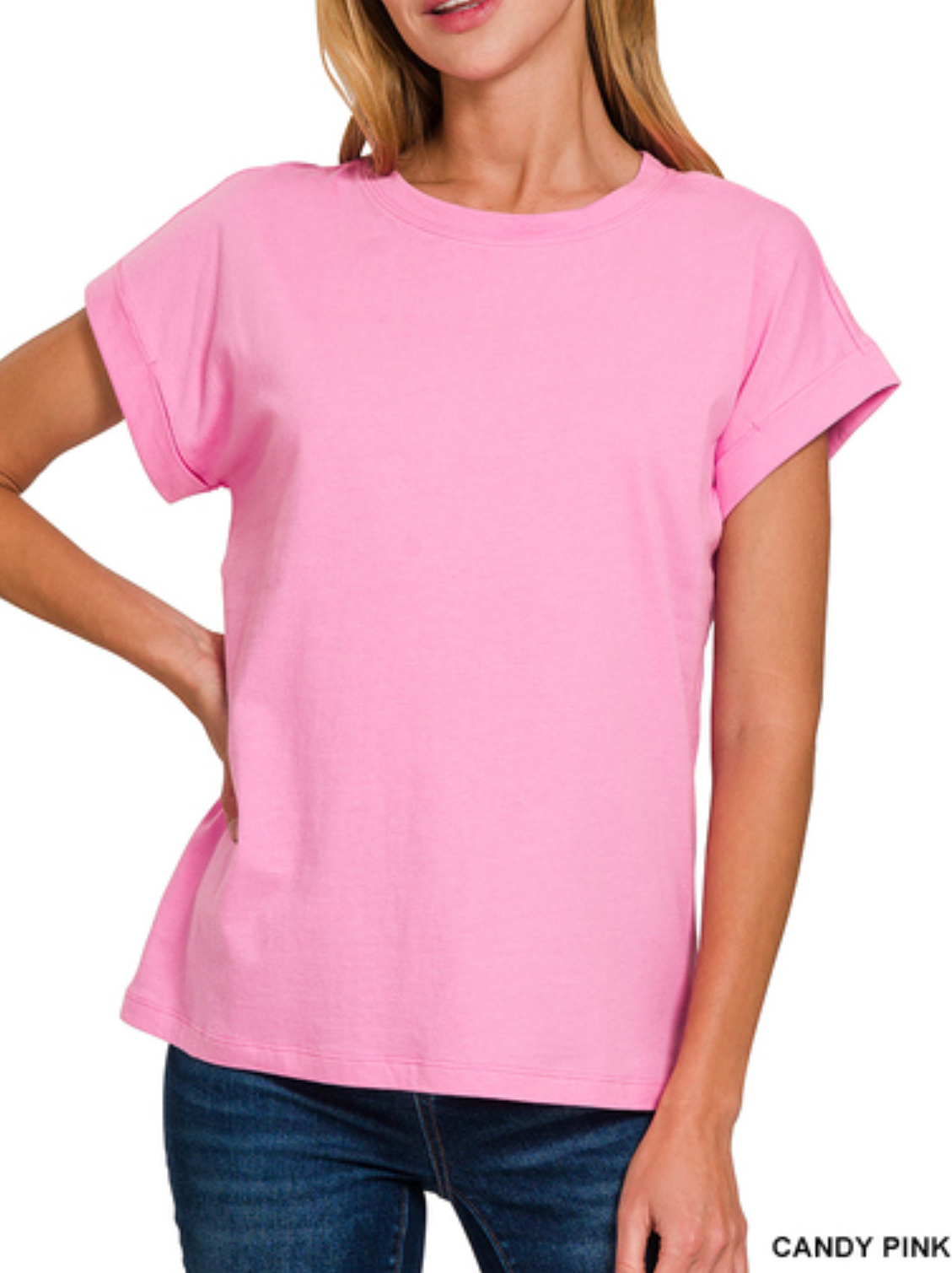 COTTON FOLDED SLEEVE TSHIRT - CANDY PINK Tshirts