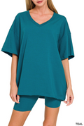 COTTON V-NECK TOP AND BIKER SHORT SET - ZENANA - TEAL outfit set