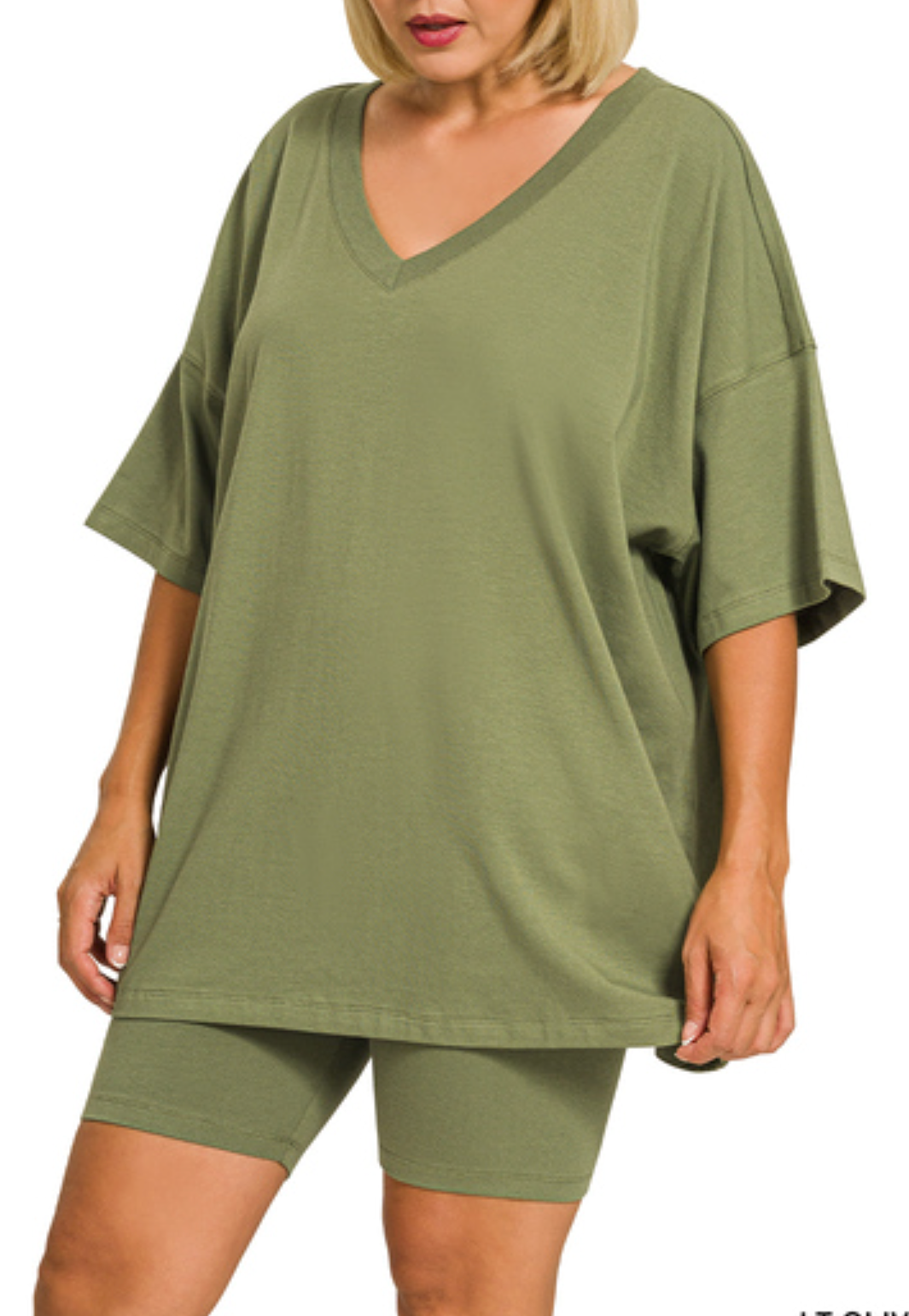 PLUS SIZE COTTON V-NECK TOP AND BIKE SHORTS SET - ZENANA - OLIVE OUTFIT