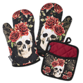 Skull Vintage Flower Oven Mitts And Potholder Set
