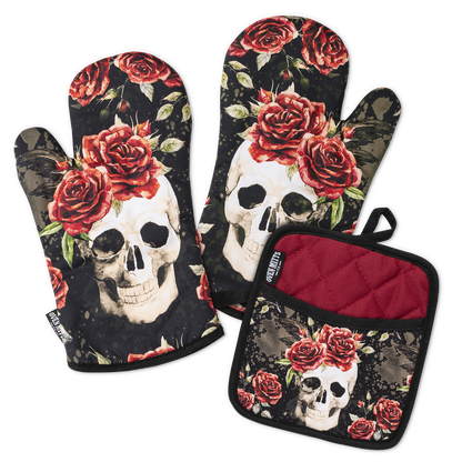 Skull Vintage Flower Oven Mitts And Potholder Set