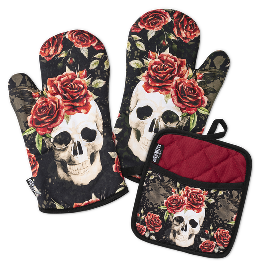 Skull Vintage Flower Oven Mitts And Potholder Set