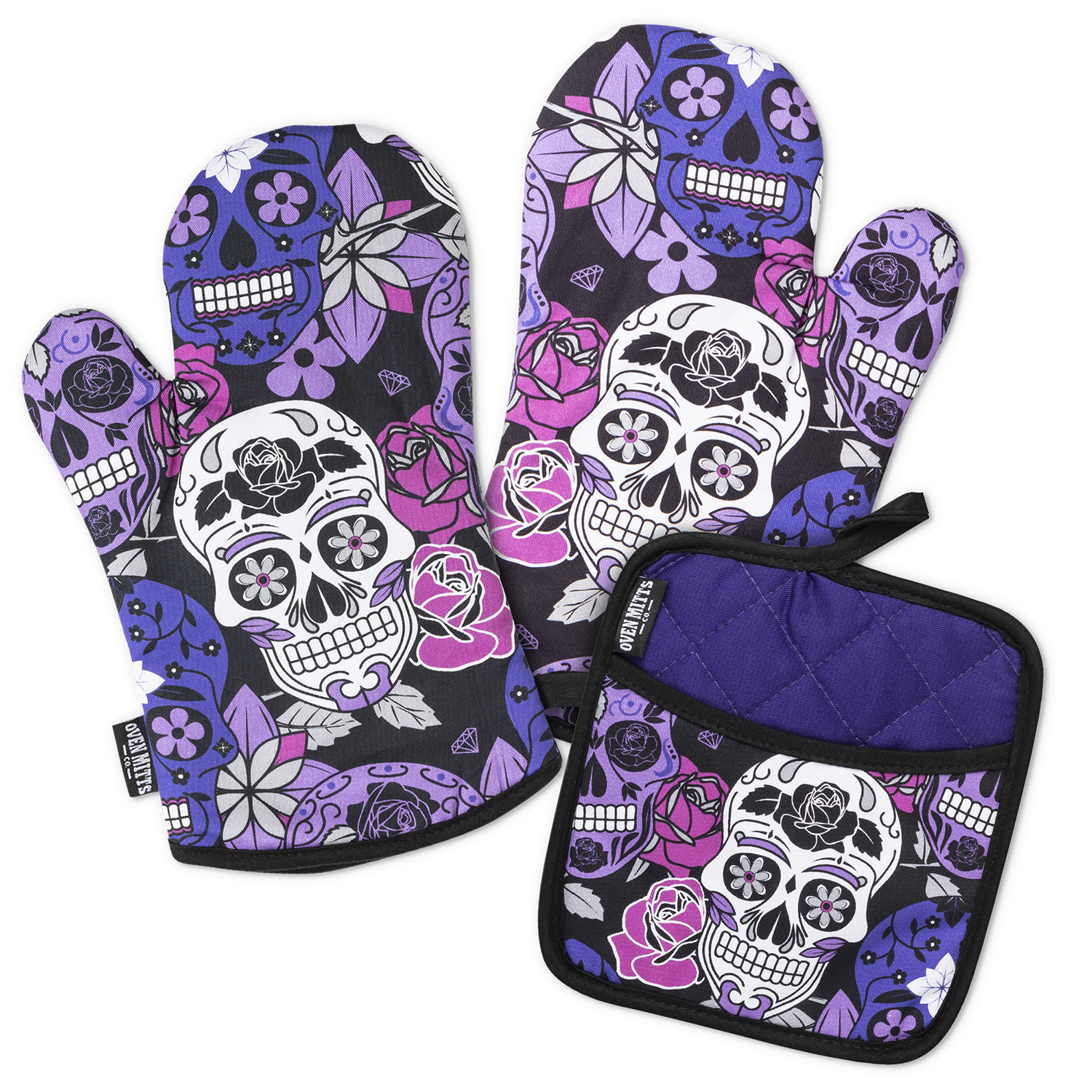 Sugar Skull Purple Oven Mitts And Potholder Set