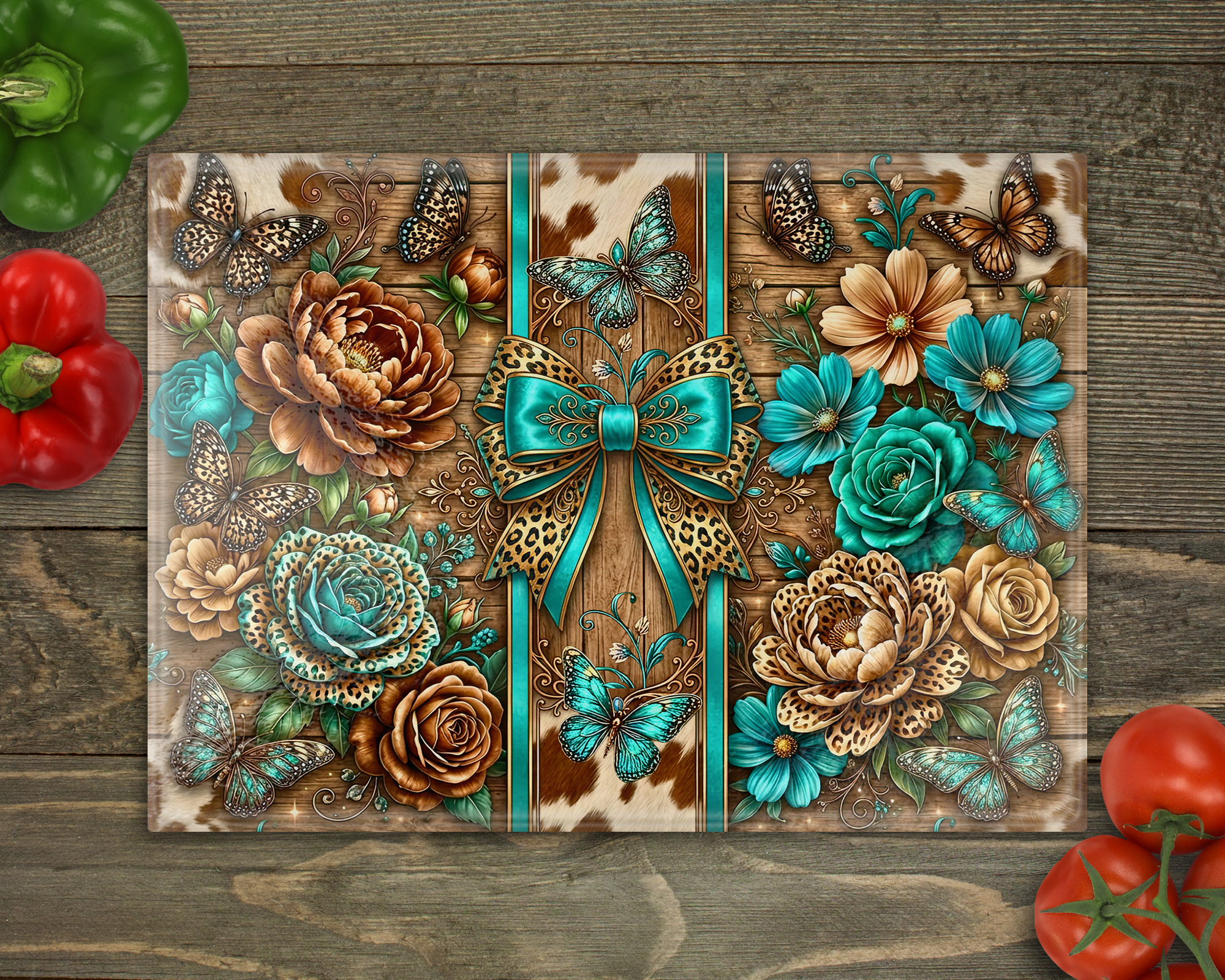 Teal Coquette Cow print Glass Cutting Board cutting board