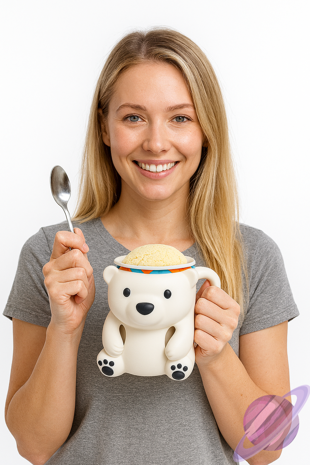 Woman holding a polar bear-shaped mug with ice cream and a spoon