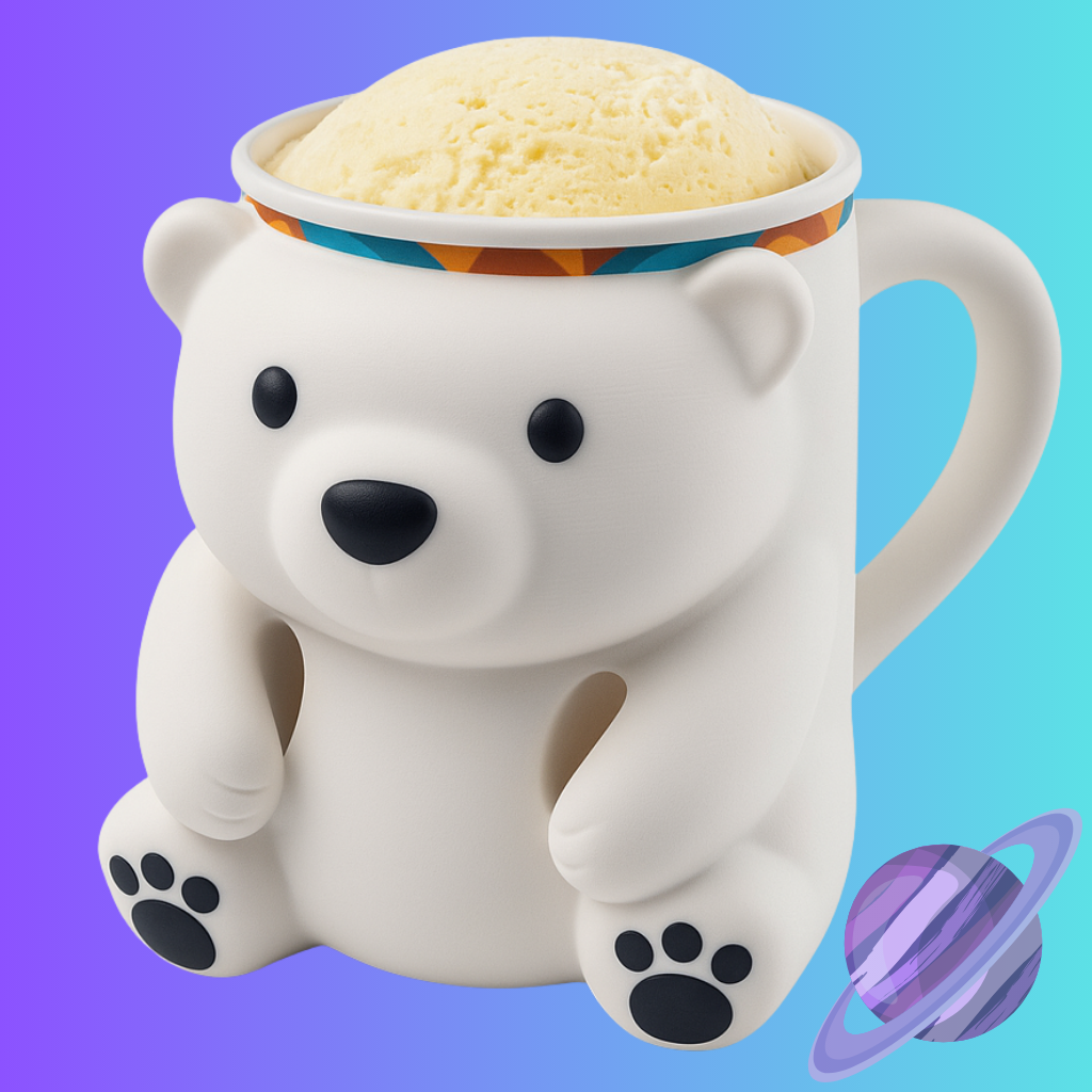 White polar bear mug with a colorful interior on a gradient background