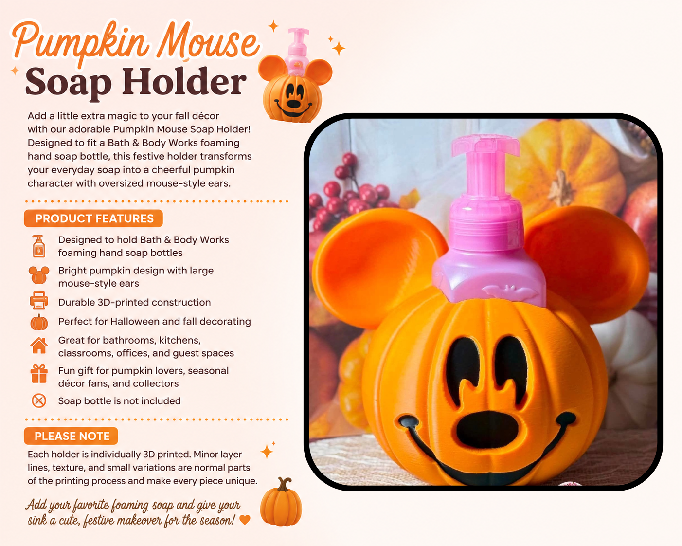 An informational product graphic for a Pumpkin Mouse Soap Holder, showing a printed orange pumpkin-shaped holder with a pink bottle inserted, alongside product features text on a white background with Halloween-themed illustrations.