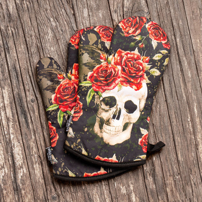 Skull Vintage Flower Oven Mitts And Potholder Set