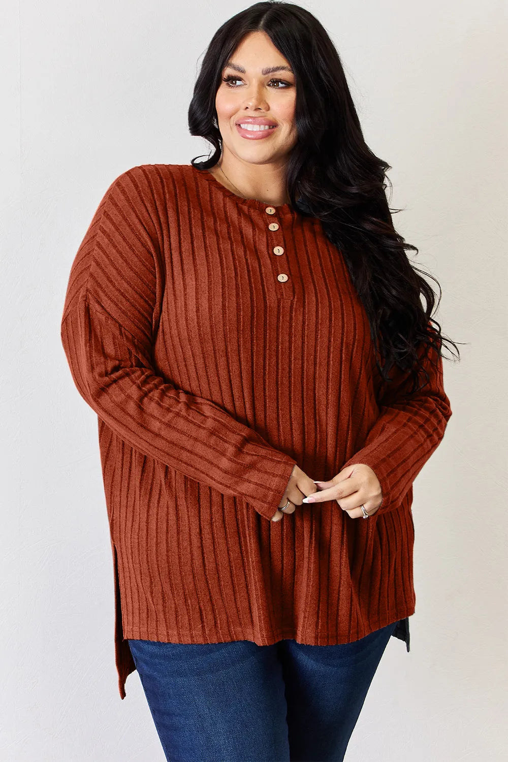 BASIC BAE RIBBED HALF BUTTON LONG SLEEVE HIGH/LOW TSHIRT - AS SEEN ON LIVE!! Long Sleeve Top