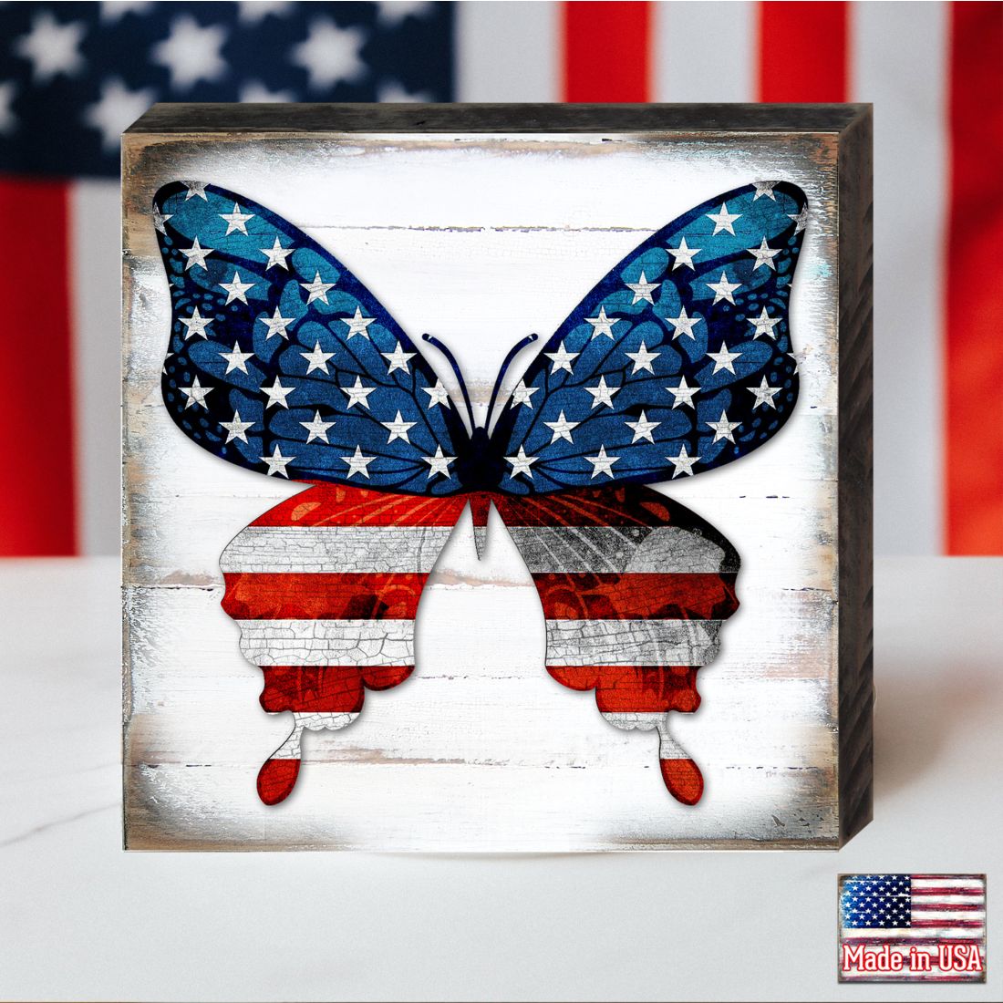 USA BUTTERFLY PATRIOTIC WALL BLOCK - AMERICAN PATRIOTIC DECOR Wall Art