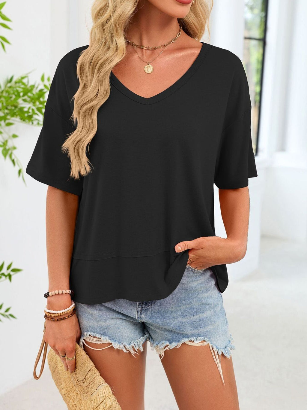 V-Neck Relaxed Fit Solid Color T-Shirt