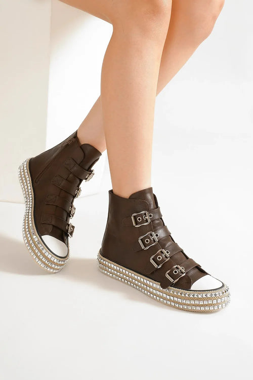 Beast Fashion Multi-Buckle Straps Studded Platform Sneakers SHOE
