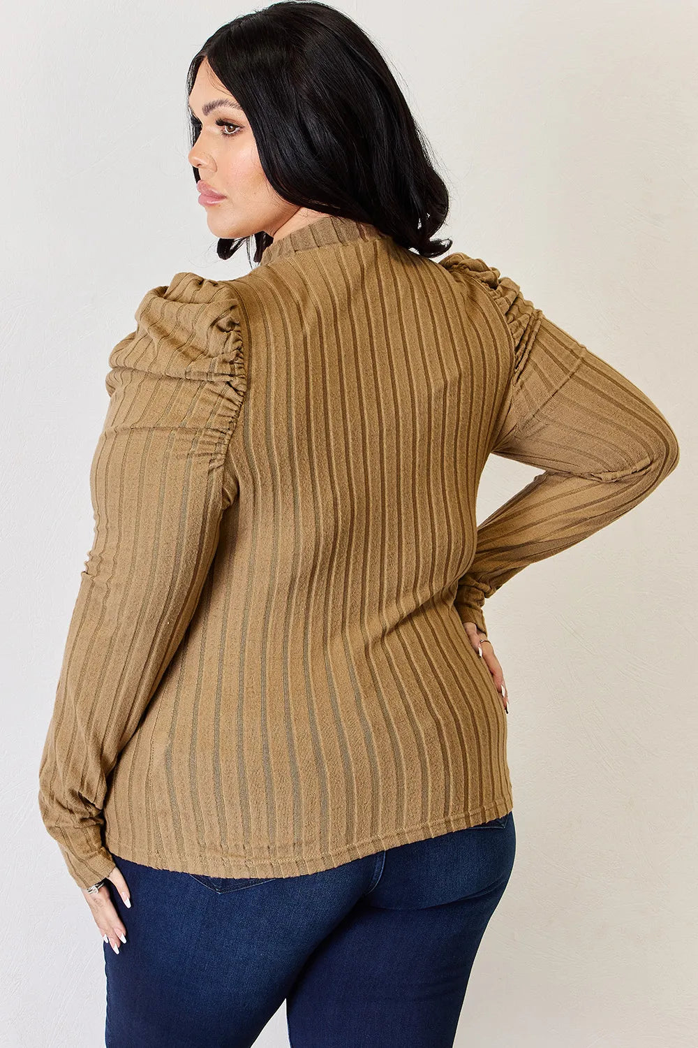 BASIC BAE RIBBED MOCK NECK PUFF SLEEVE T-SHIRT TOP