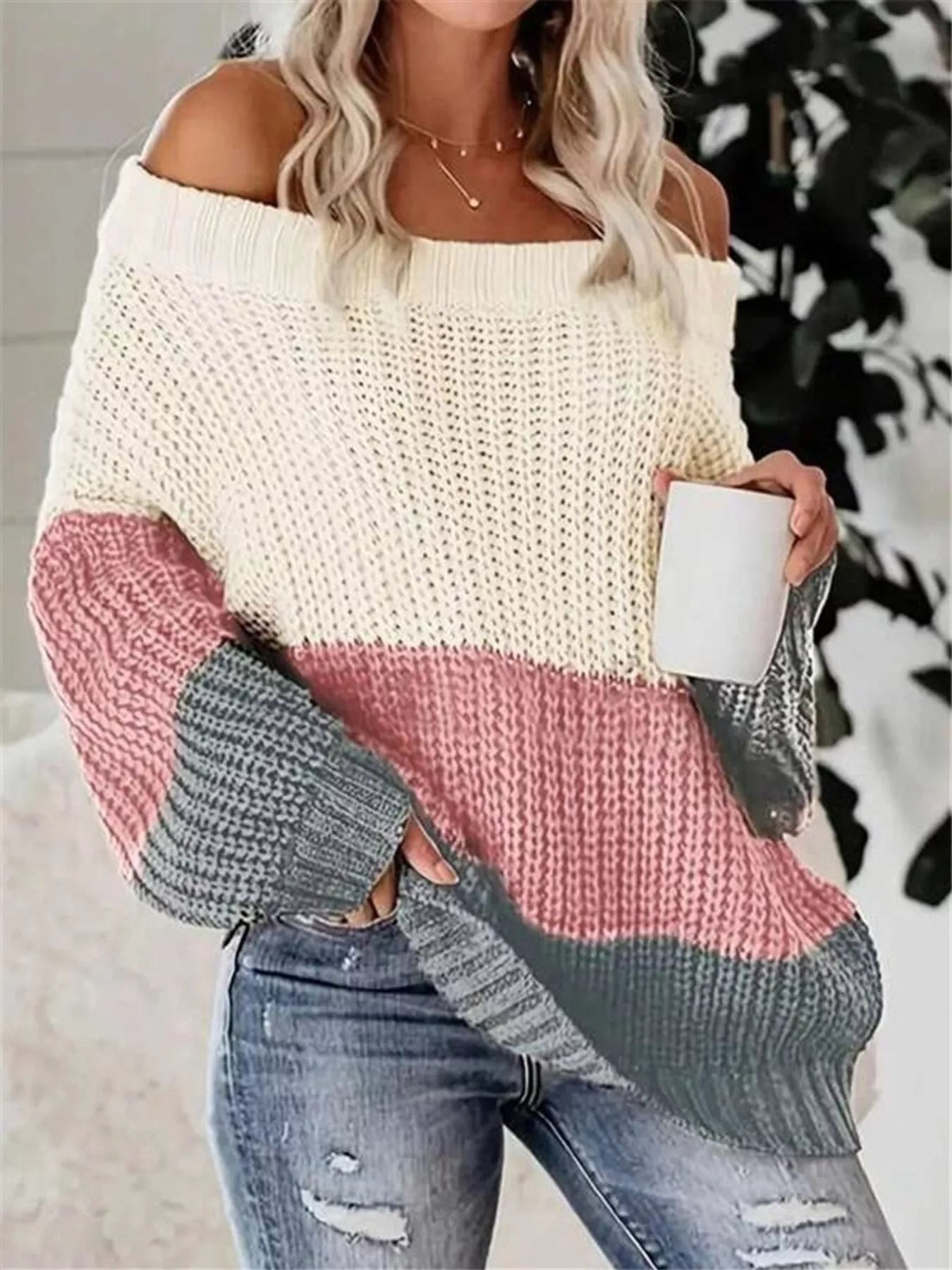 OFF SHOULDER COLOR BLOCK SWEATER Sweaters
