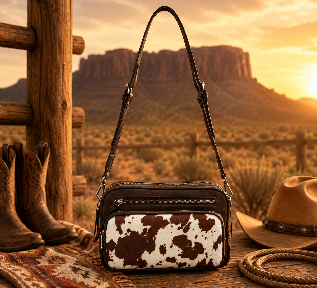 A cowhide-patterned crossbody bag with dark brown trim and a long shoulder strap, displayed on a rustic wooden table with cowboy boots, a hat, rope, and a desert landscape with rock formations in the background.