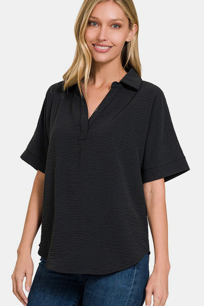 Zenana Texture Collared Neck Short Sleeve Top