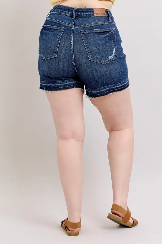 Judy Blue Plus Size HW Tummy Control Destroy Release Hem Denim Shorts