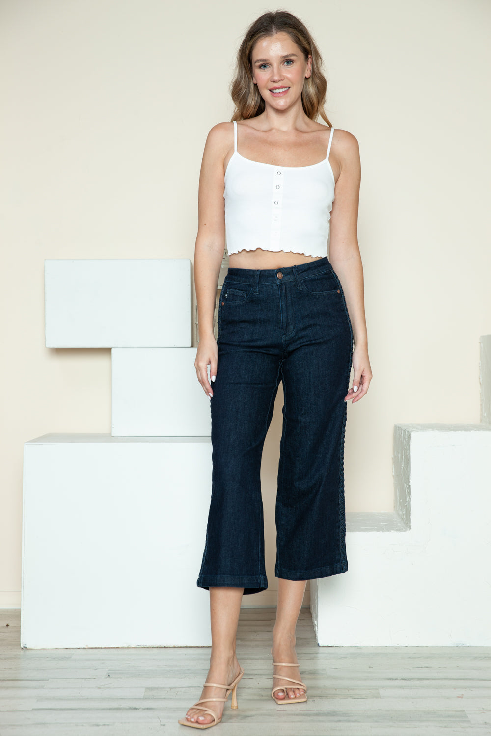 Judy Blue Side Seam Braid Detail Crop Wide Leg Jeans