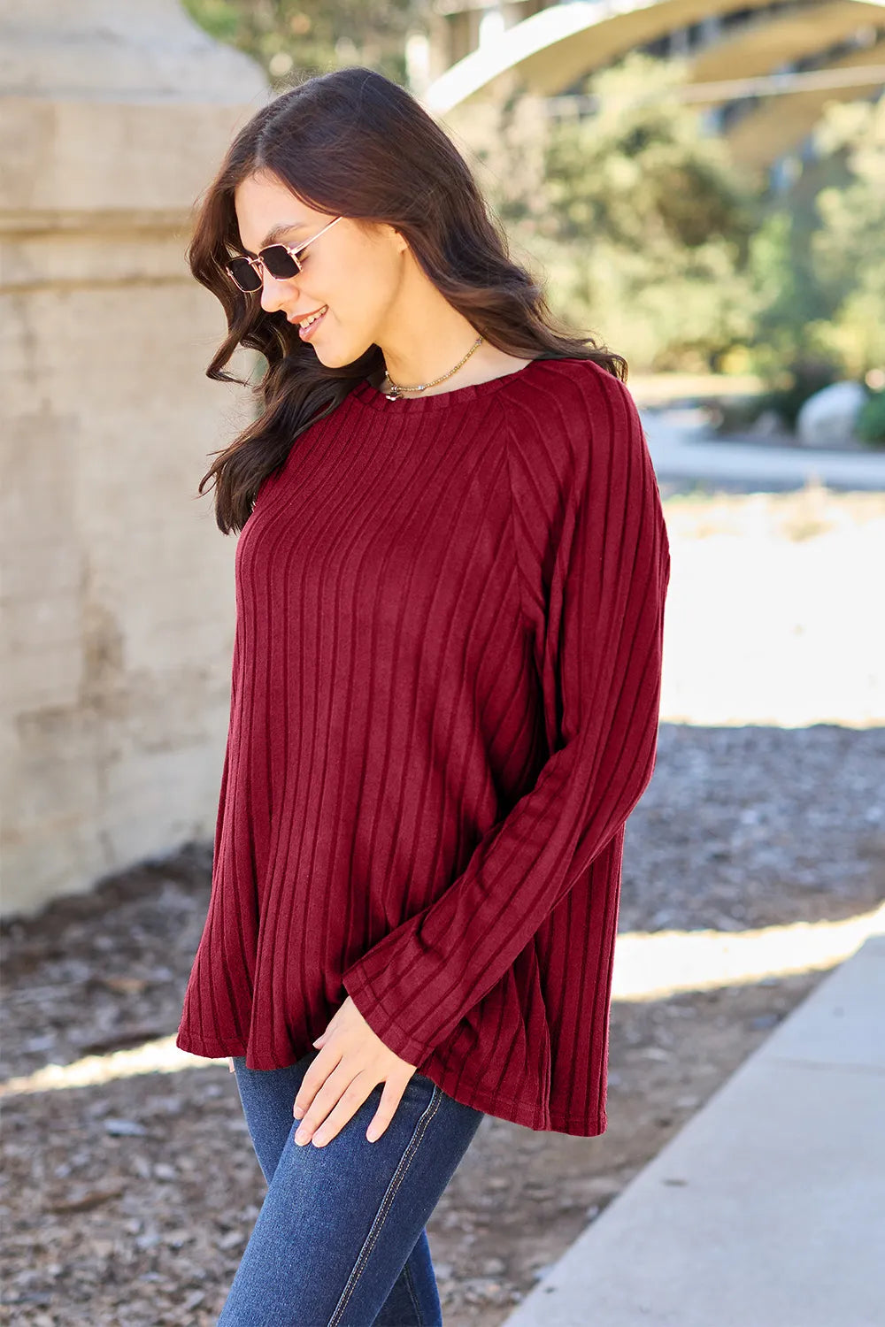 BASIC BAE RIBBED ROUND NECK LONG SLEEVE KNIT TOP Long Sleeve Top