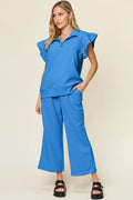 Double Take Texture Ruffle Short Sleeve Top and Drawstring Wide Leg Pants Set Short Sleeve Top