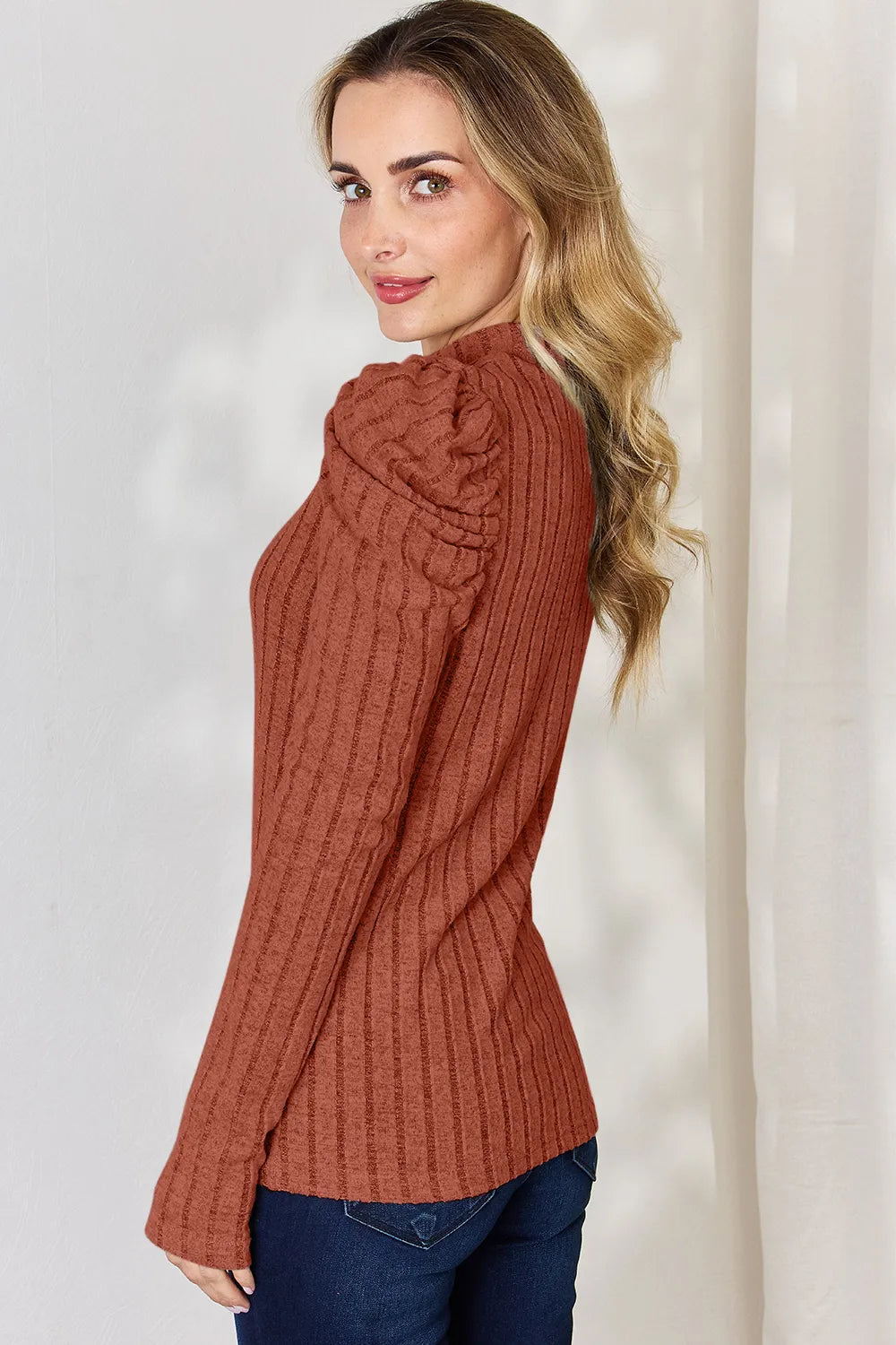 BASIC BAE RIBBED MOCK NECK PUFF SLEEVE T-SHIRT TOP
