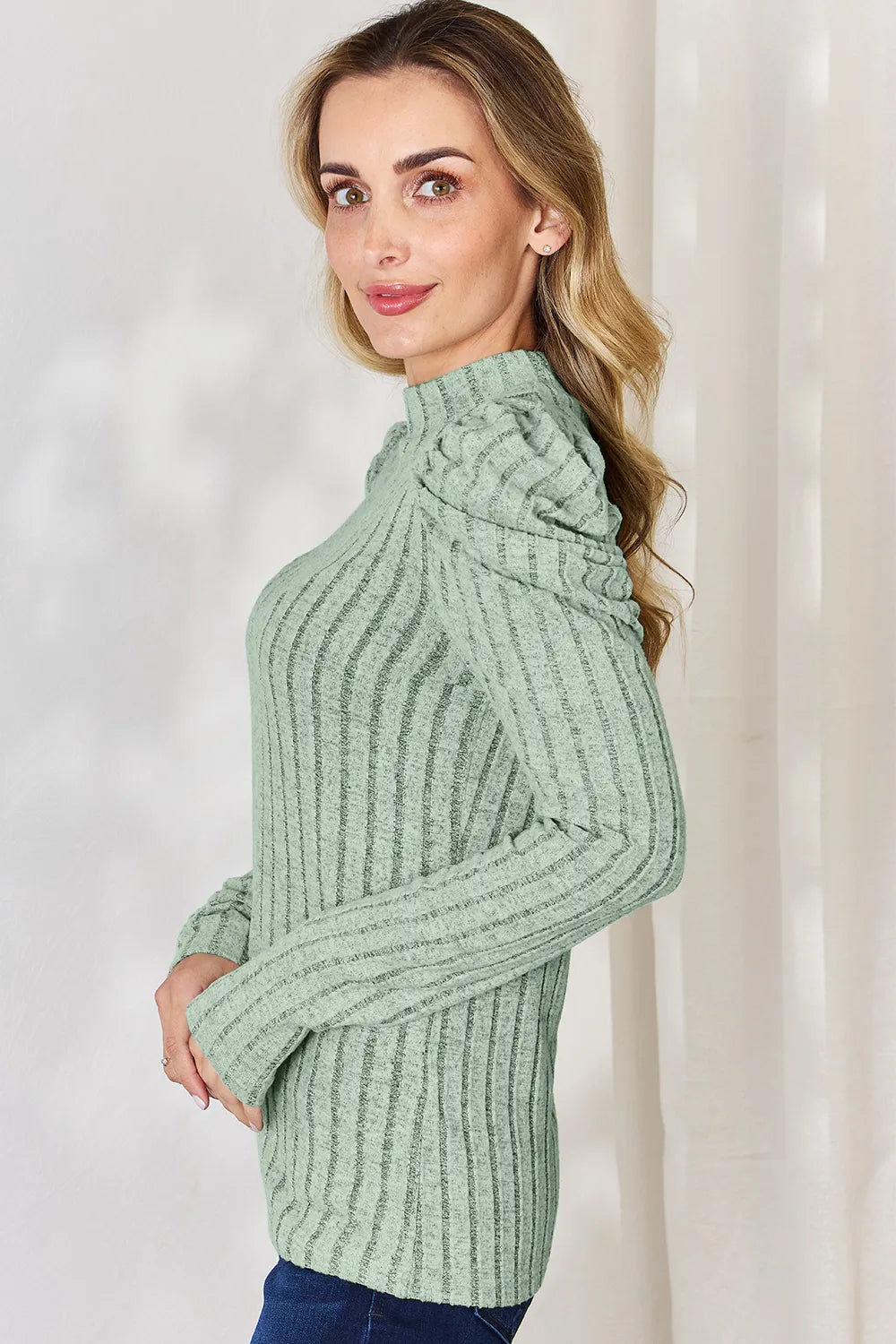 BASIC BAE RIBBED MOCK NECK PUFF SLEEVE T-SHIRT TOP