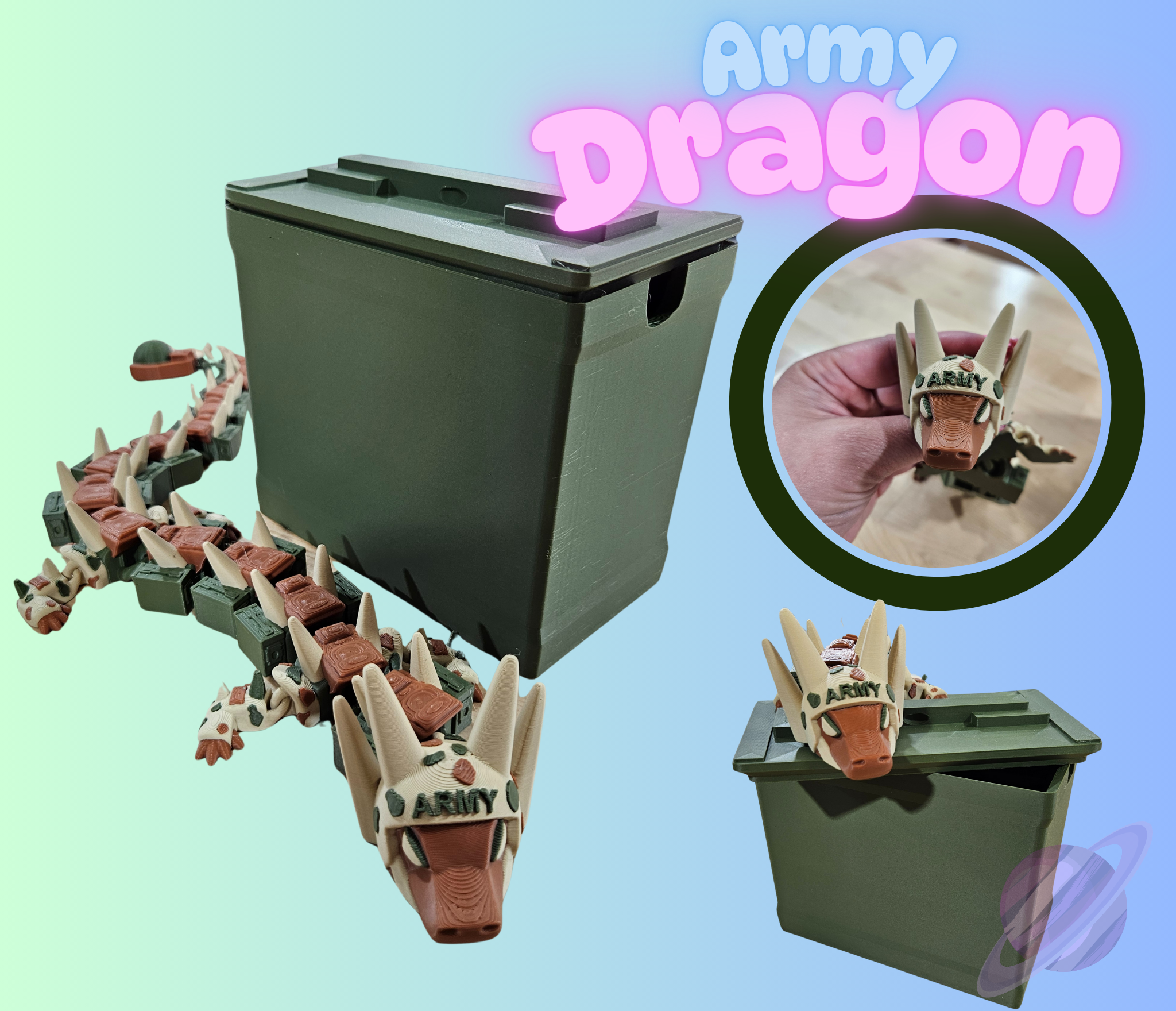 Toy dragon with 'Army' branding on a light blue background, featuring a green storage box.